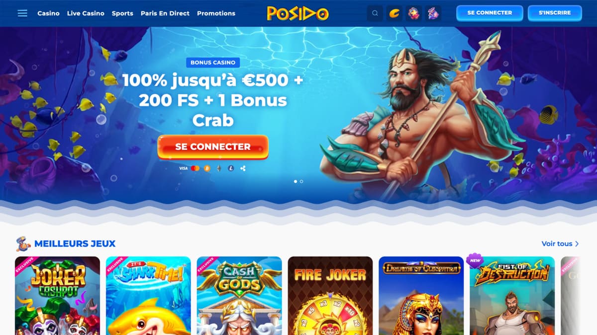 Lobby de Posido Casino avec la grille de machines à sous et les jeux mis en avant sur la page d'accueil