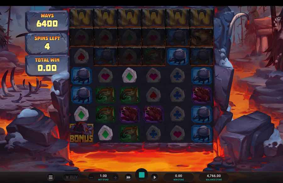 Écran des Meltdown Free Spins de Primal Times avec multiplicateur actif sur la grille dégelée