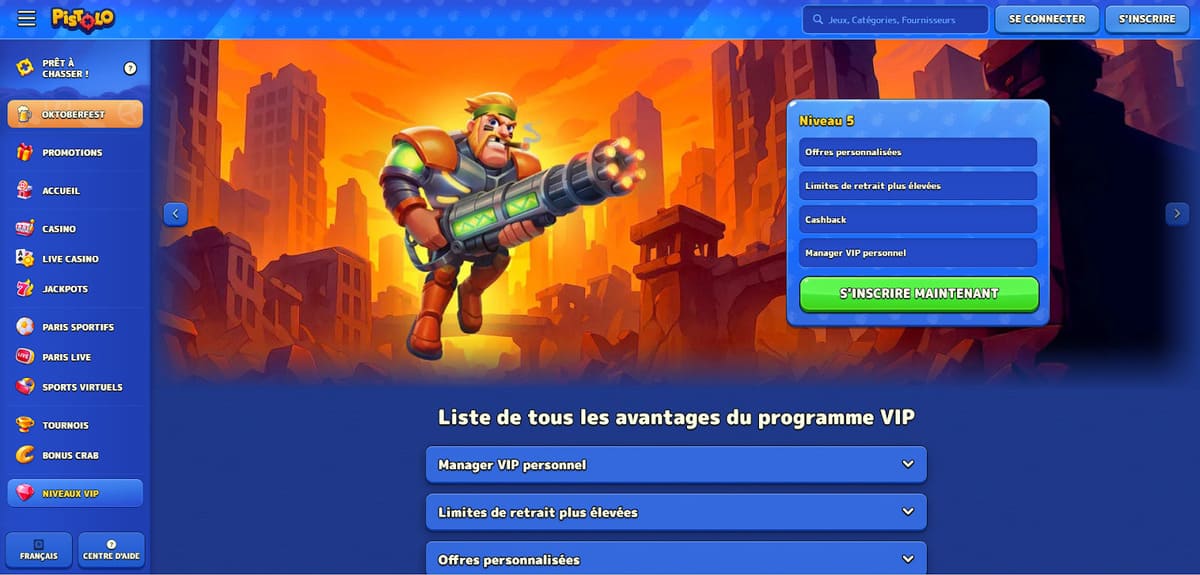 Interface du programme VIP de Pistolo avec ses cinq paliers et avantages exclusifs