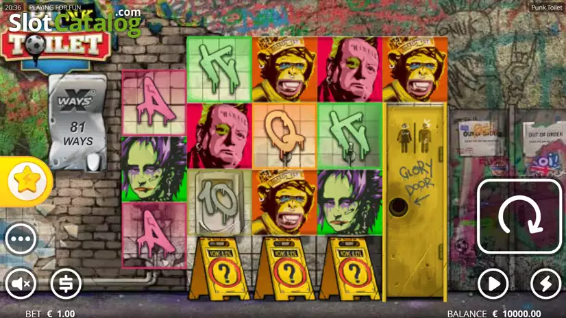 Grille asymétrique de Punk Toilet en pleine partie, décor de toilettes punk couvert de graffitis
