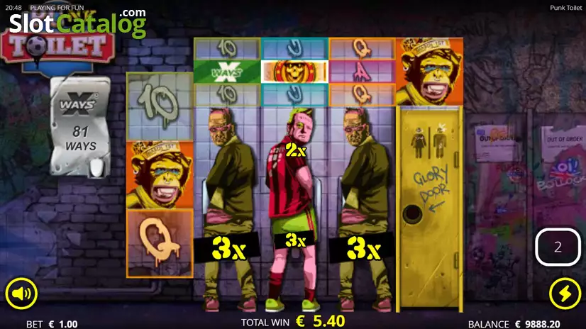 Écran des P!$$ Spins sur Punk Toilet avec un Urinal ouvert et un multiplicateur progressif affiché