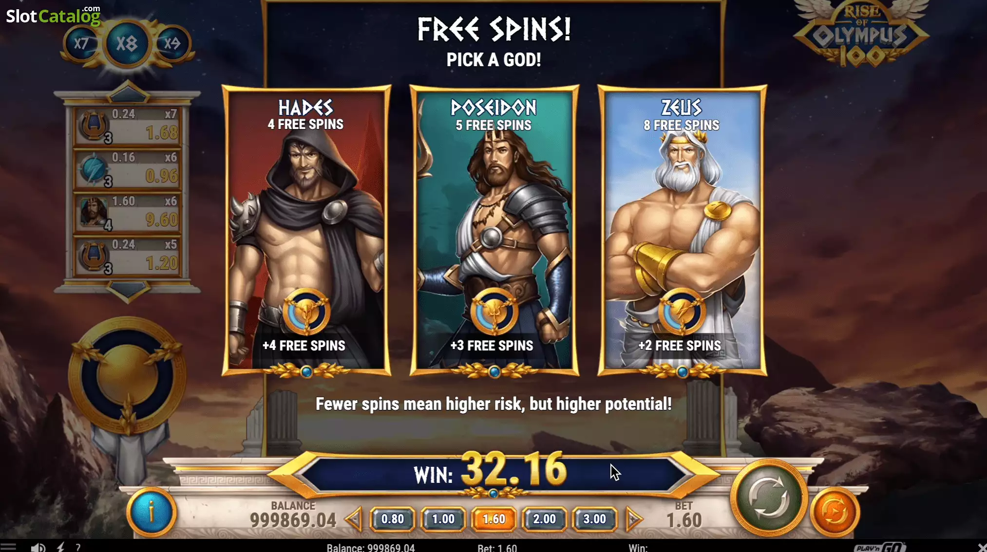 Écran Pick a God de Rise of Olympus 100 avec le choix entre Hadès, Poséidon et Zeus avant les free spins