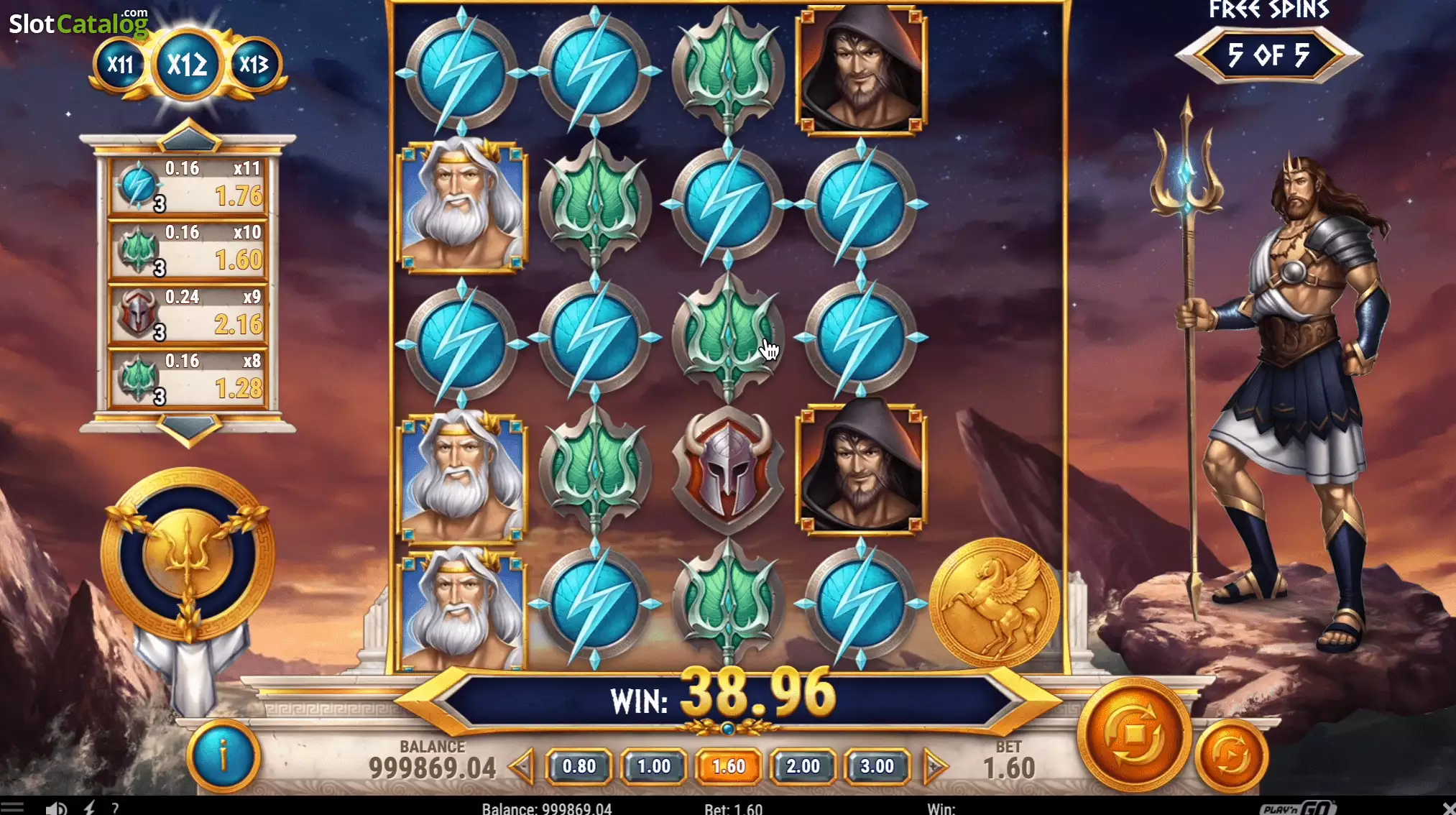 Free spins de Rise of Olympus 100 sous Poséidon avec des multiplicateurs x11, x12 et x13 affichés