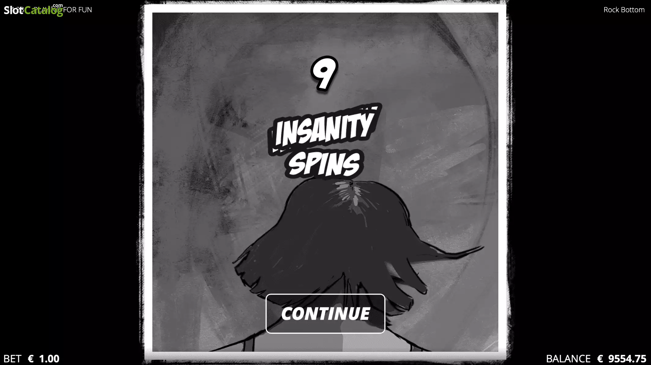 Écran de free spins Insanity Bonus sur Rock Bottom avec multiplicateurs actifs sur la grille