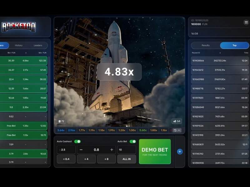 Interface de jeu de Rocketon en plein vol avec un multiplicateur à 4,83x et le bouton Half Cash-Out