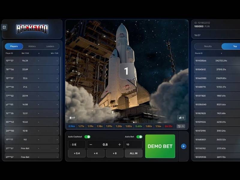 Écran de lancement de Rocketon avec l'historique des multiplicateurs et un round record à 342 733x