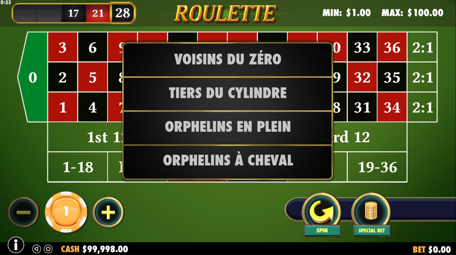 Menu Special Bets de Roulette Pragmatic Play affichant les combinaisons de mise prédéfinies