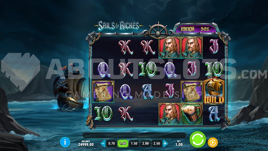 Grille 6x4 de Sails of Riches en jeu de base avec les symboles pirates et le Wild navire