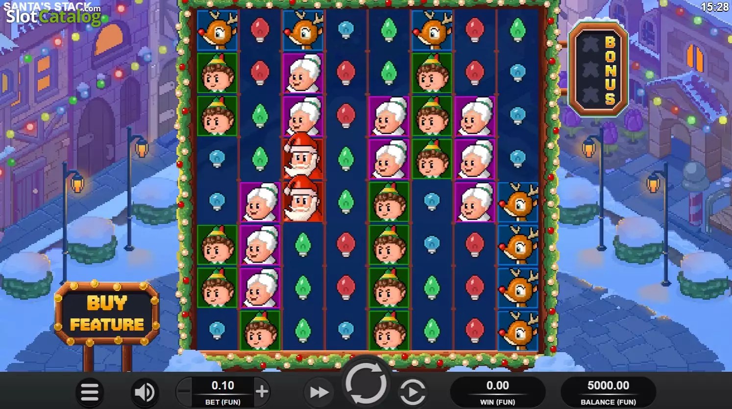 Grille 8x8 de Santa's Stack en pixel art rétro avec les symboles Père Noël, Rudolph et l'elfe