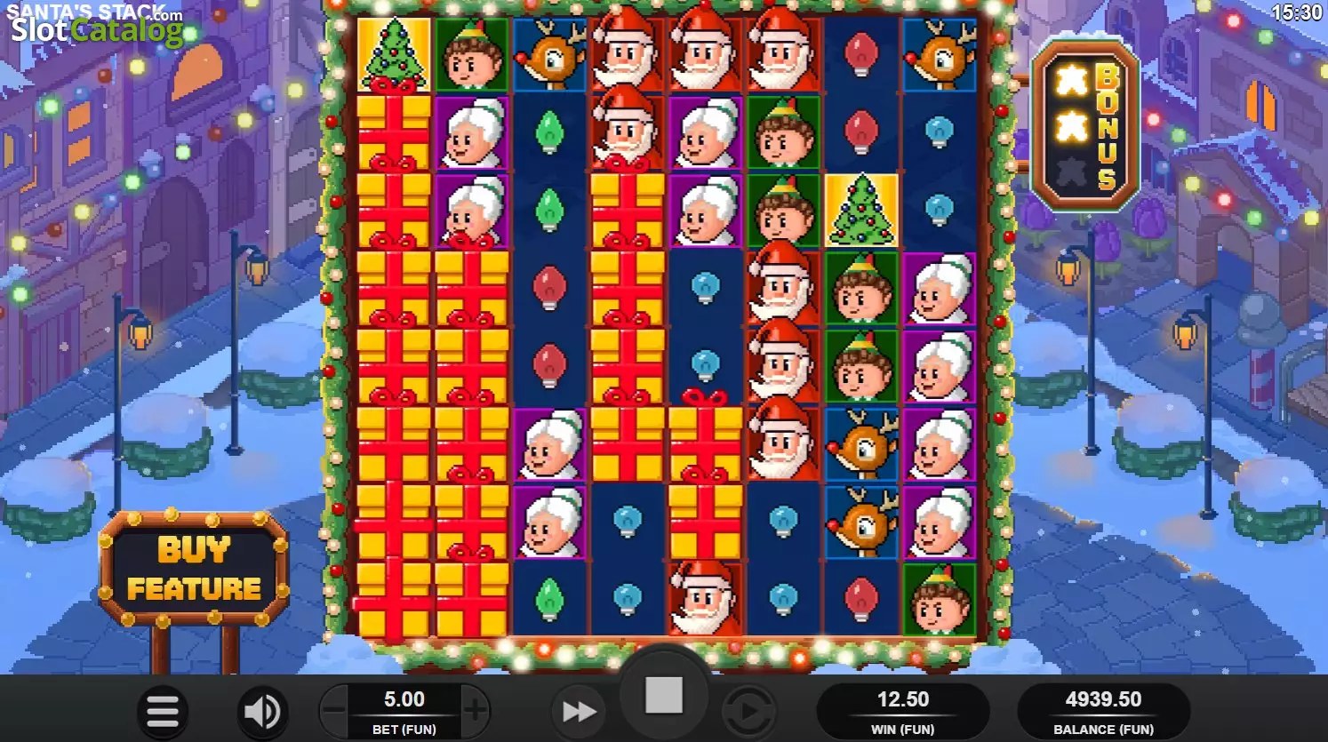 Écran des Secret Santa Respins sur Santa's Stack avec les symboles mystères violets verrouillés