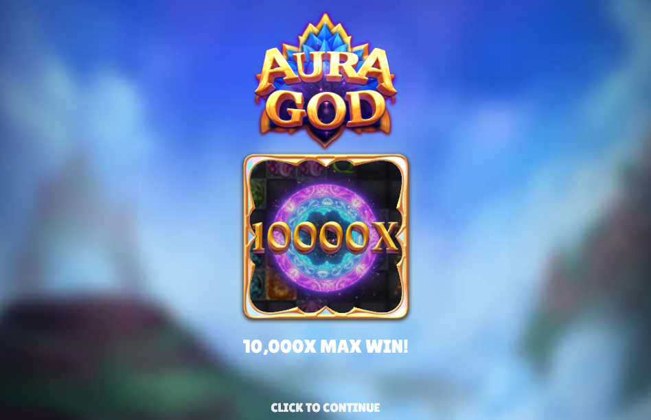 Écran d'introduction d'Aura God annonçant un gain maximal de 10 000x la mise avant la partie