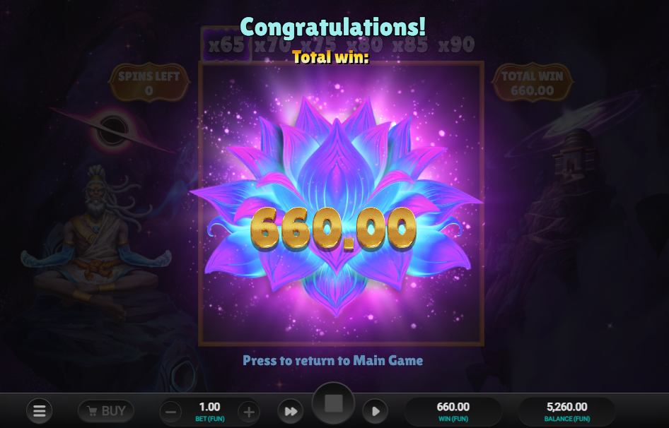 Écran de gain sur Aura God avec la fleur de lotus dorée et un total de 660 après une cascade