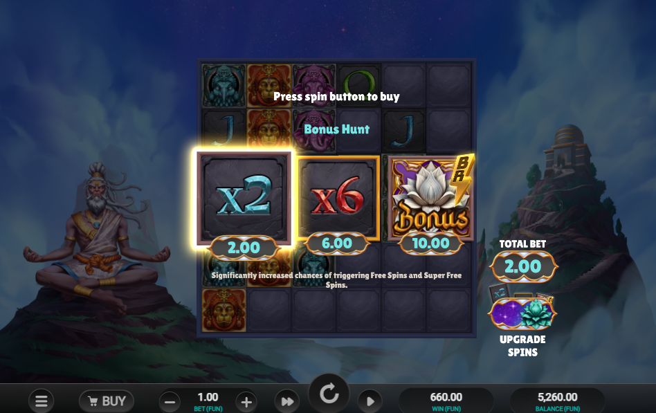 Menu Bonus Hunt d'Aura God avec les options d'achat de bonus à 75x et 400x la mise engagée