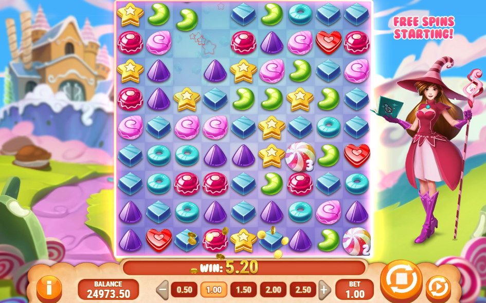 Grille 5x5 de Sweet Alchemy 2 avec la sorcière et le bandeau Free Spins Starting affiché
