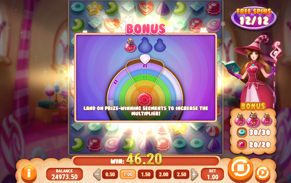 Roue bonus de Sweet Alchemy 2 avec trois potions colorées et un multiplicateur en hausse