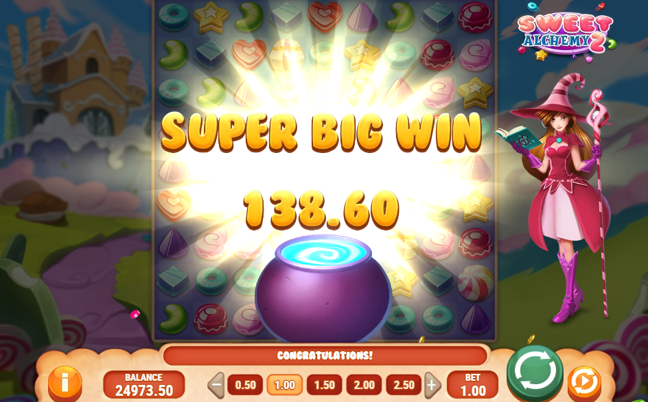 Écran de gros gain sur Sweet Alchemy 2 affichant 138,60 fois la mise autour du chaudron