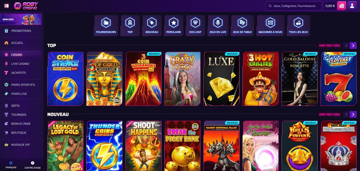 Interface du lobby de Roby Casino avec la sélection de machines à sous en vedette