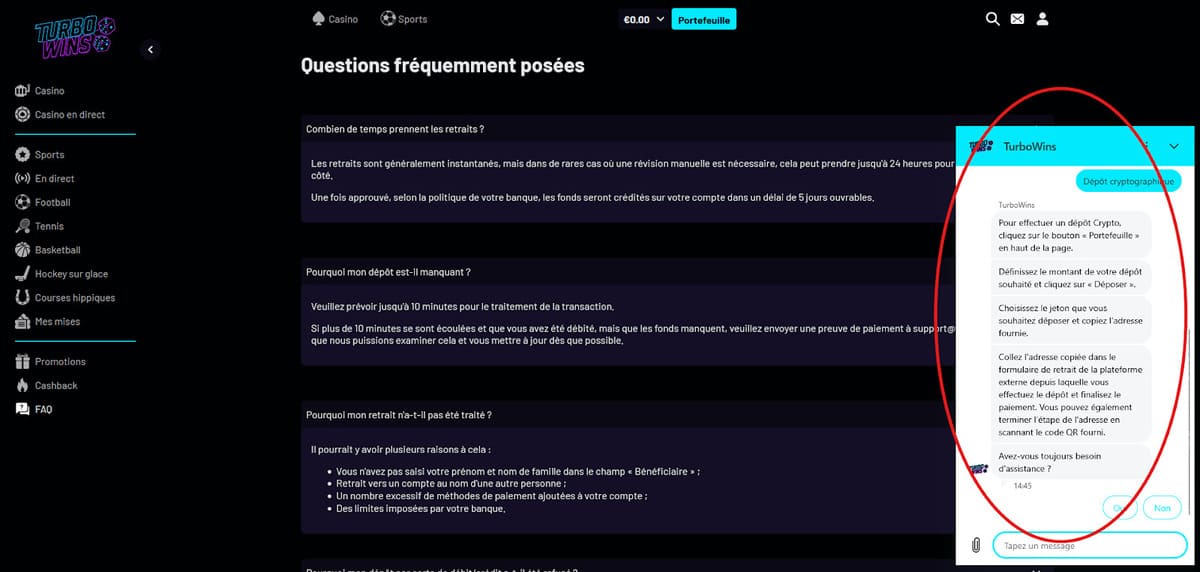 Interface du service client Turbo Wins avec la FAQ et l'accès au chat en direct en bas de page