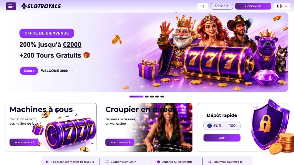 Interface du lobby de Slotroyals avec sélection de machines à sous et bonus de bienvenue affiché