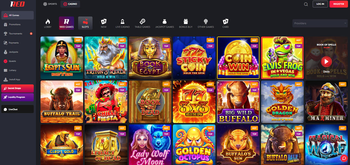 Interface de la ludothèque de machines à sous sur 1RED Casino avec filtres par fournisseur visibles