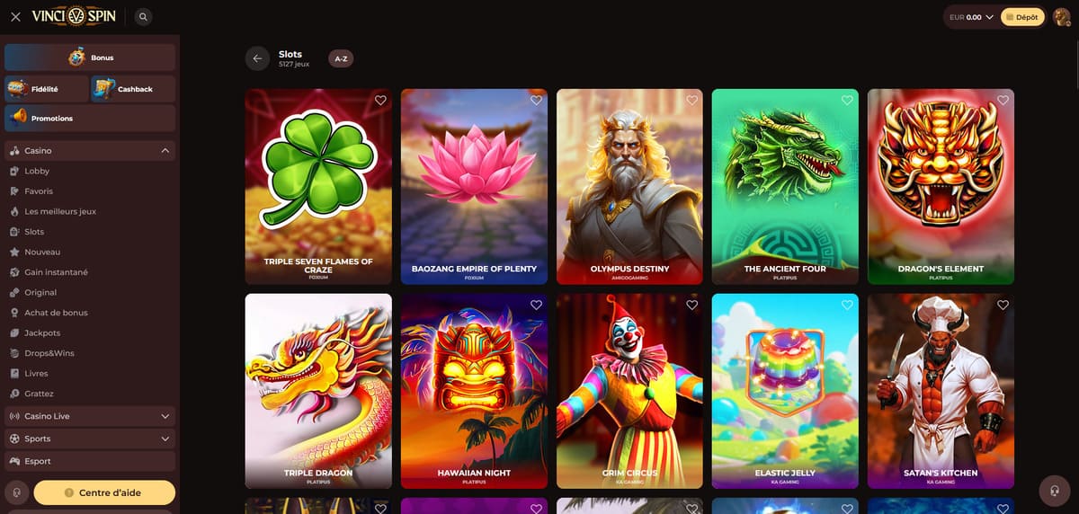 Interface du lobby machines à sous de Vincispin avec la sélection de jeux mise en avant