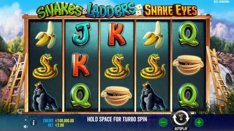 Écran de jeu de Snakes and Ladders 2 Snake Eyes avec les symboles singe et banane sur les rouleaux