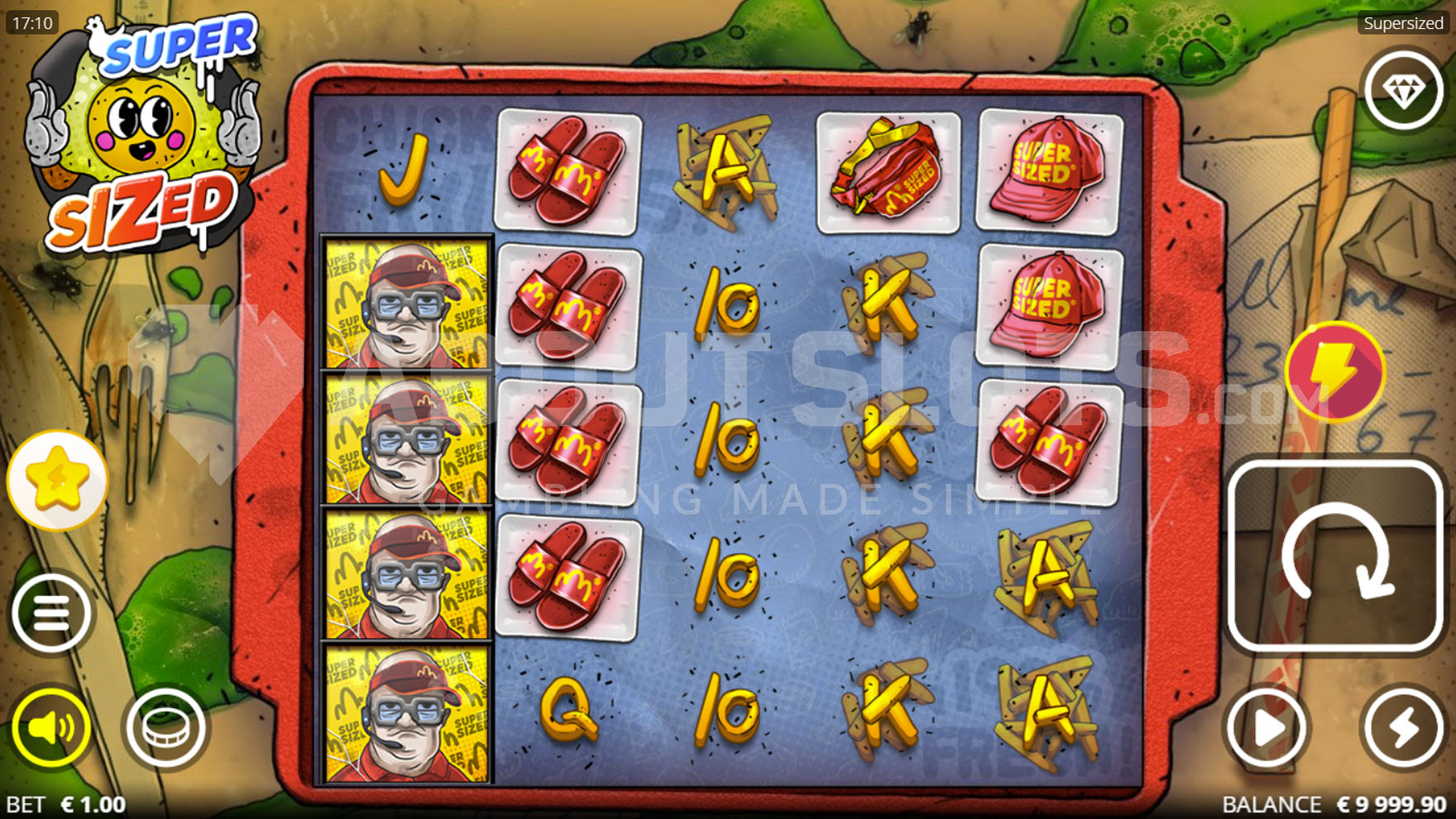Grille 5x5 de Supersized en jeu de base avec les symboles fast food K, Q, J et A visibles