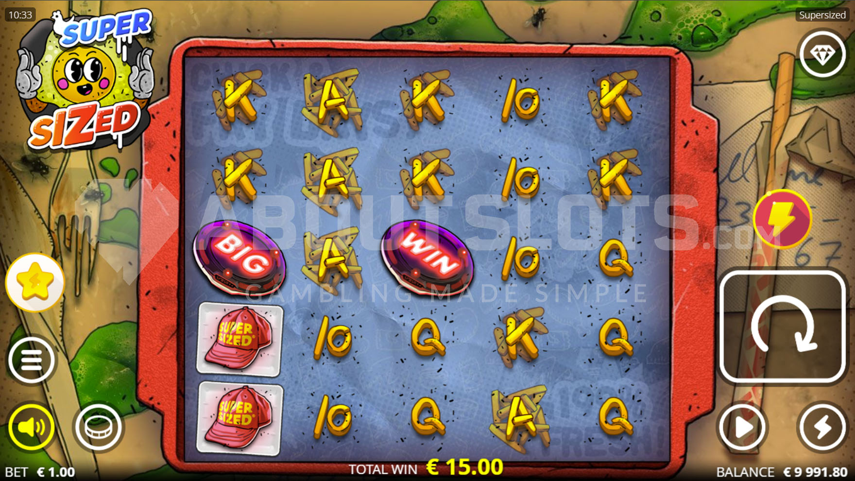 Symboles BIG et WIN de Supersized affichant un gain de 15 € pendant une partie en argent fictif
