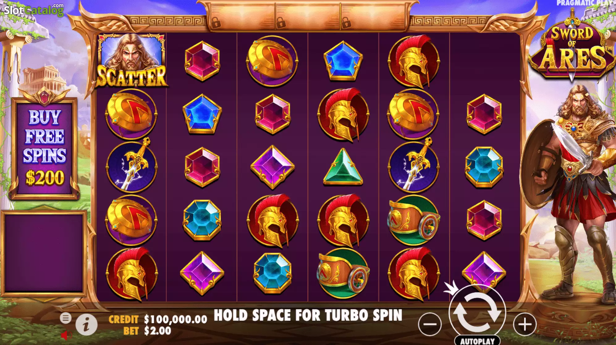 Grille 6x5 de Sword of Ares en base game avec bouton d'achat de free spins à 200 dollars