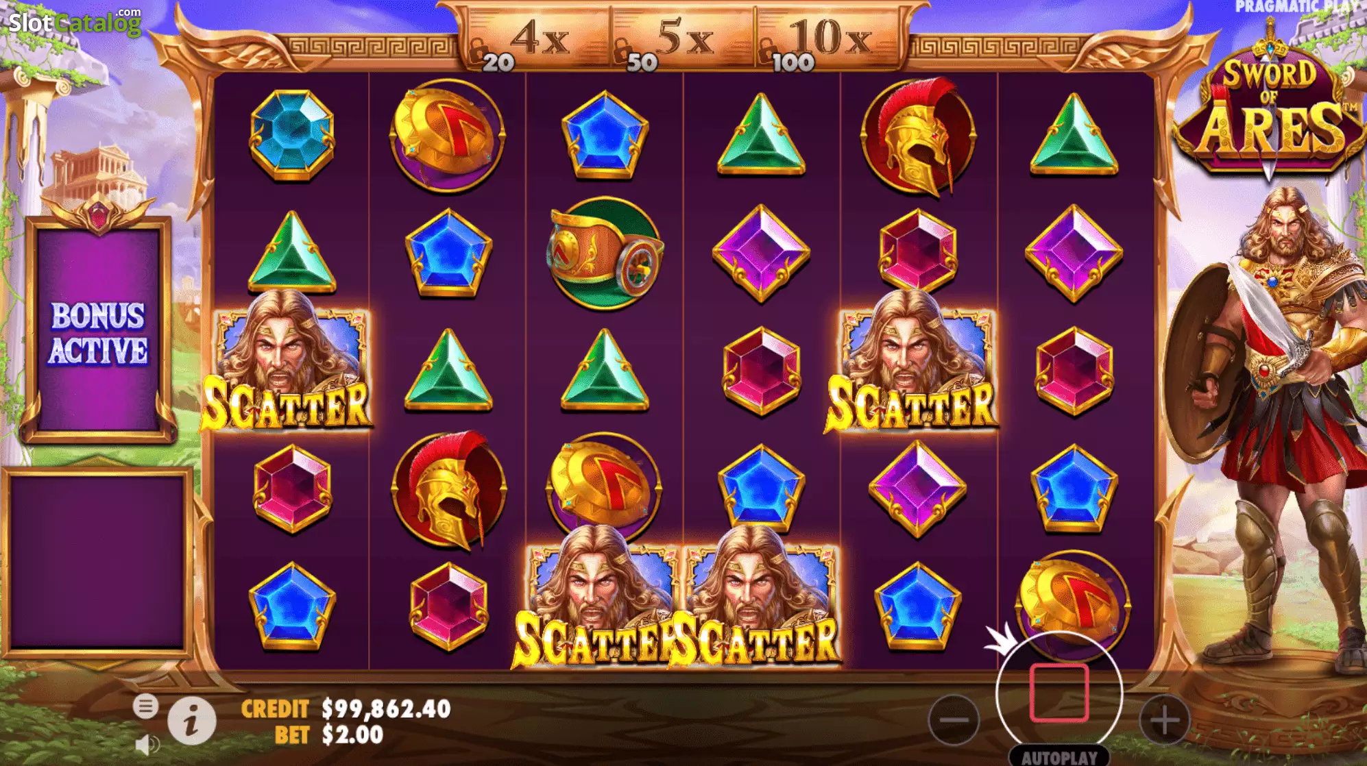 Free spins actifs sur Sword of Ares avec symboles Scatter multiples et paliers 4x, 5x, 10x