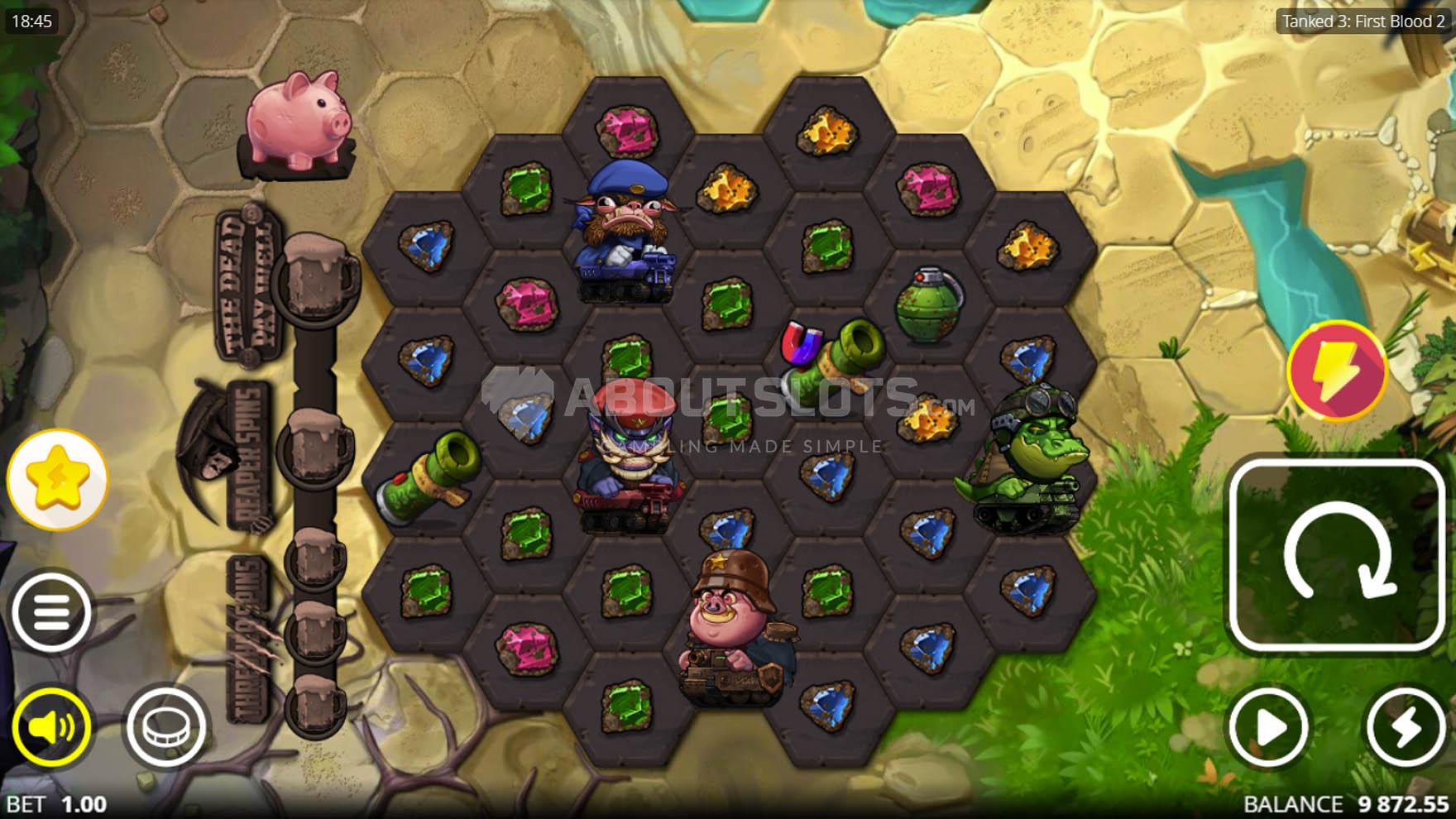 Grille hexagonale de Tanked 3: First Blood 2 avec les quatre personnages collecteurs de gemmes