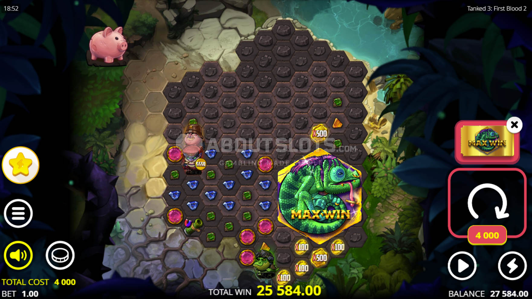 Activation du God Mode sur Tanked 3: First Blood 2 avec le symbole Max Win 25 584x visible