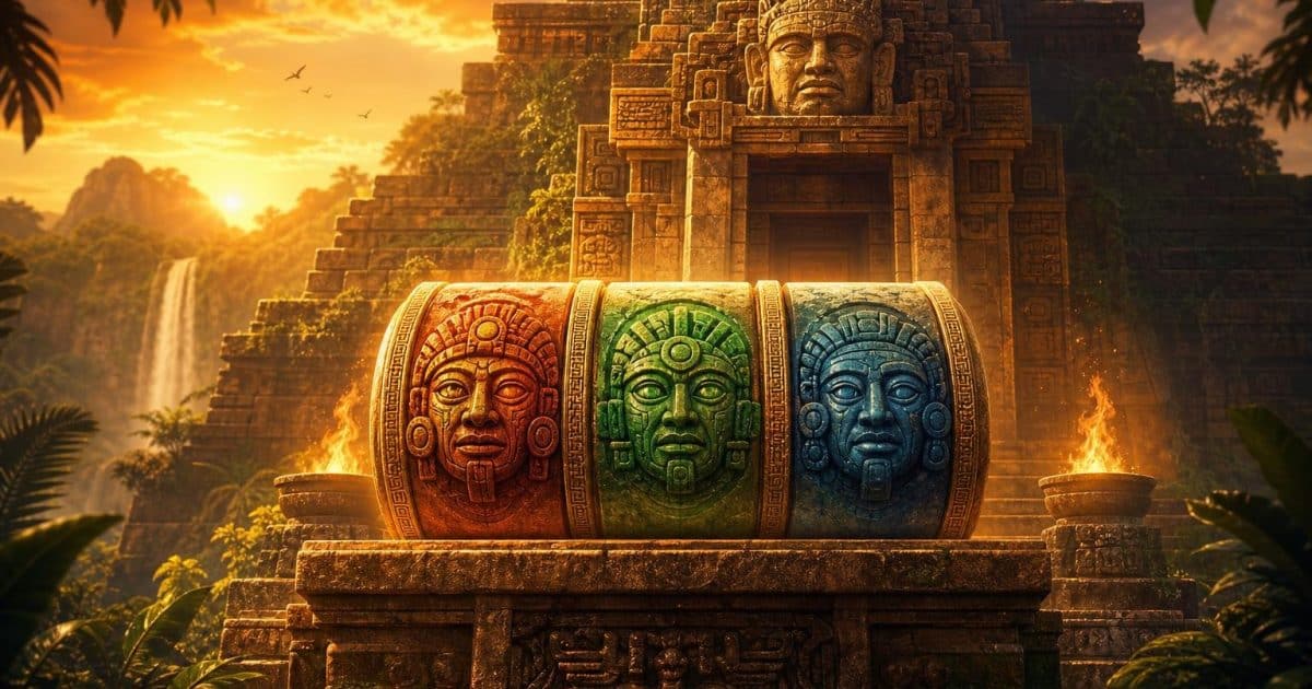 Illustration de lancement de Temple of Three avec Ra, Bastet et Anubis en scène devant le temple