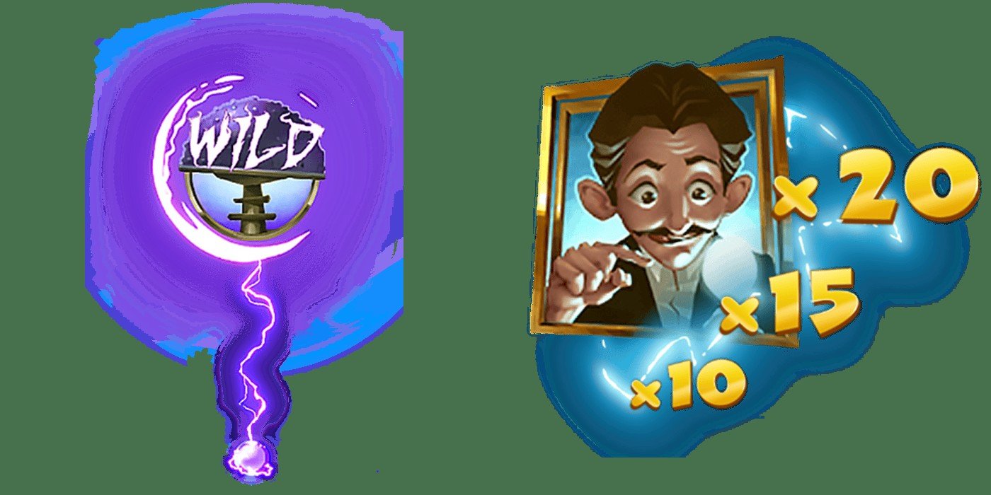 Symbole Wild et écran des Tesla Spins de Tesla Jolt avec le portrait de Nikola Tesla et les multiplicateurs x10, x15, x20