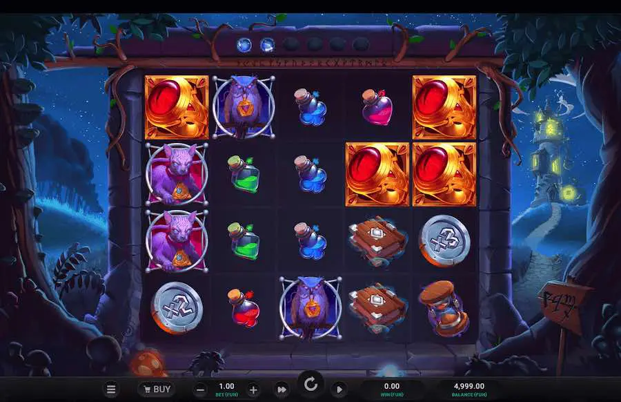 Grille 5x4 de The Sorcerers Shuffle avec les fioles d'élixir et pièces multiplicatrices en jeu