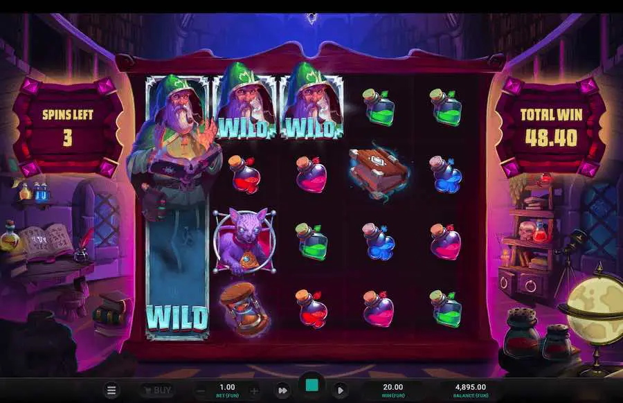 Free spins de The Sorcerers Shuffle avec le Wild Sorcerer sur le premier rouleau et un gain de 48,40