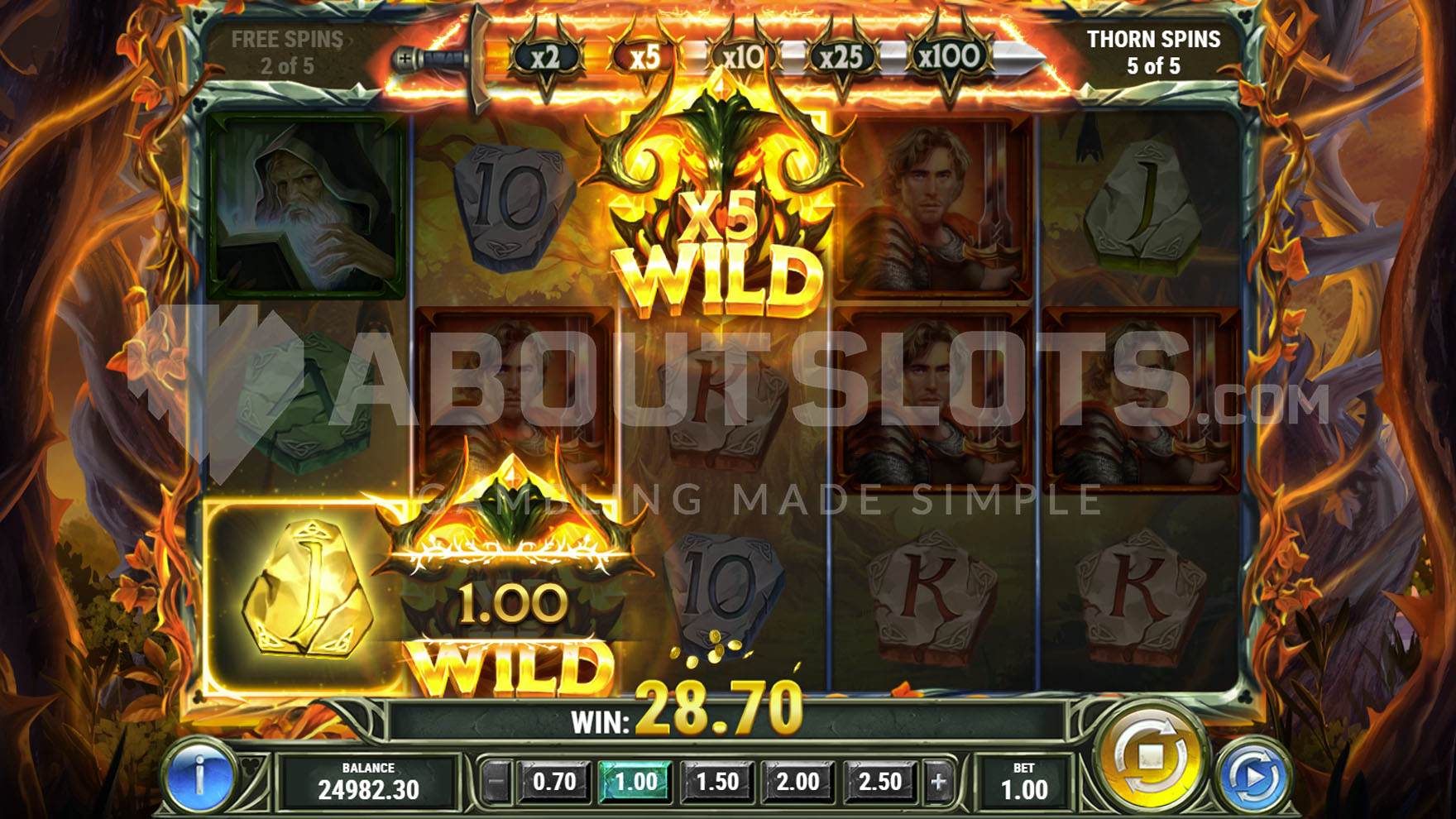 Écran des Thorn Spins de The Green Knight Oath of Thorns avec deux Wilds multiplicateurs x5