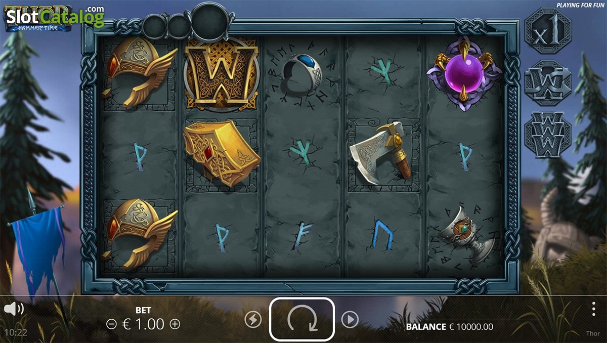 Grille 5x3 de Thor : Hammer Time en jeu de base avec symboles runes et marteau visibles