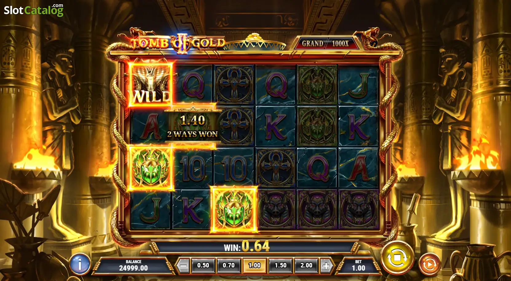 Écran de gain sur Tomb of Gold II pendant la fonctionnalité Lock'N Gold avec pièces verrouillées