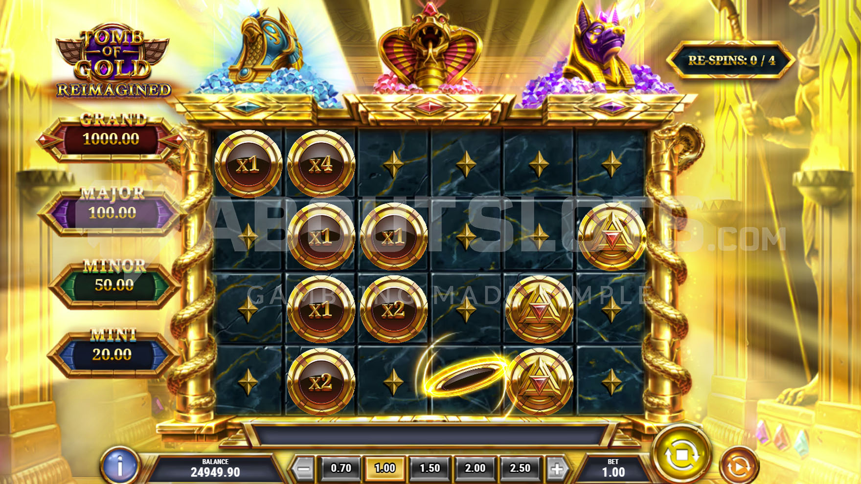 Écran du bonus Lock'n Gold de Tomb of Gold Reimagined pendant un respin avec pièces verrouillées