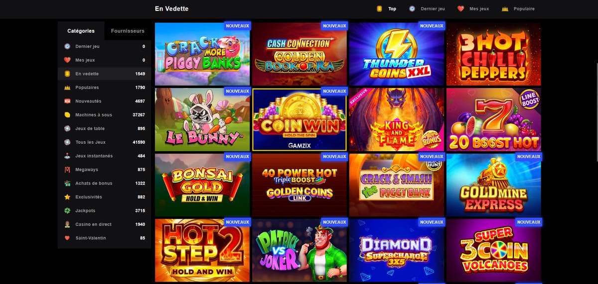 Interface du lobby de jeux de LibraBet avec les categories de machines a sous affichees