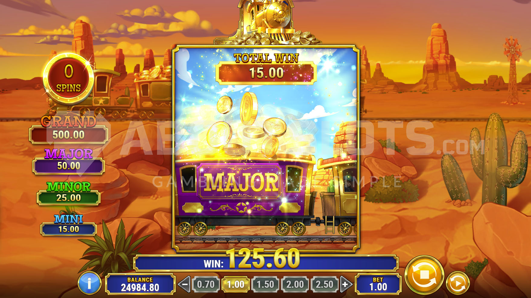 Feature Golden Train de Track n' Gold avec le train distribuant les jackpots jusqu'à Grand 500x