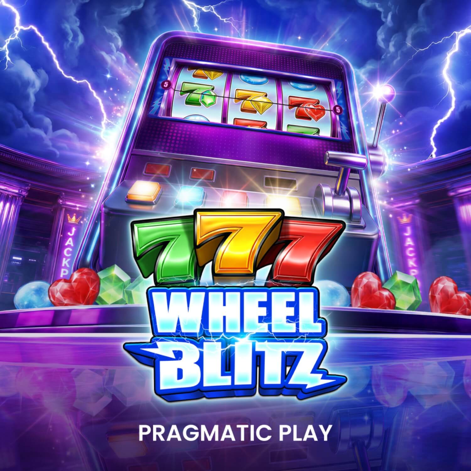 Grille 3 rouleaux de 777 Wheel Blitz avec les 7 colorés et pierres précieuses en jeu