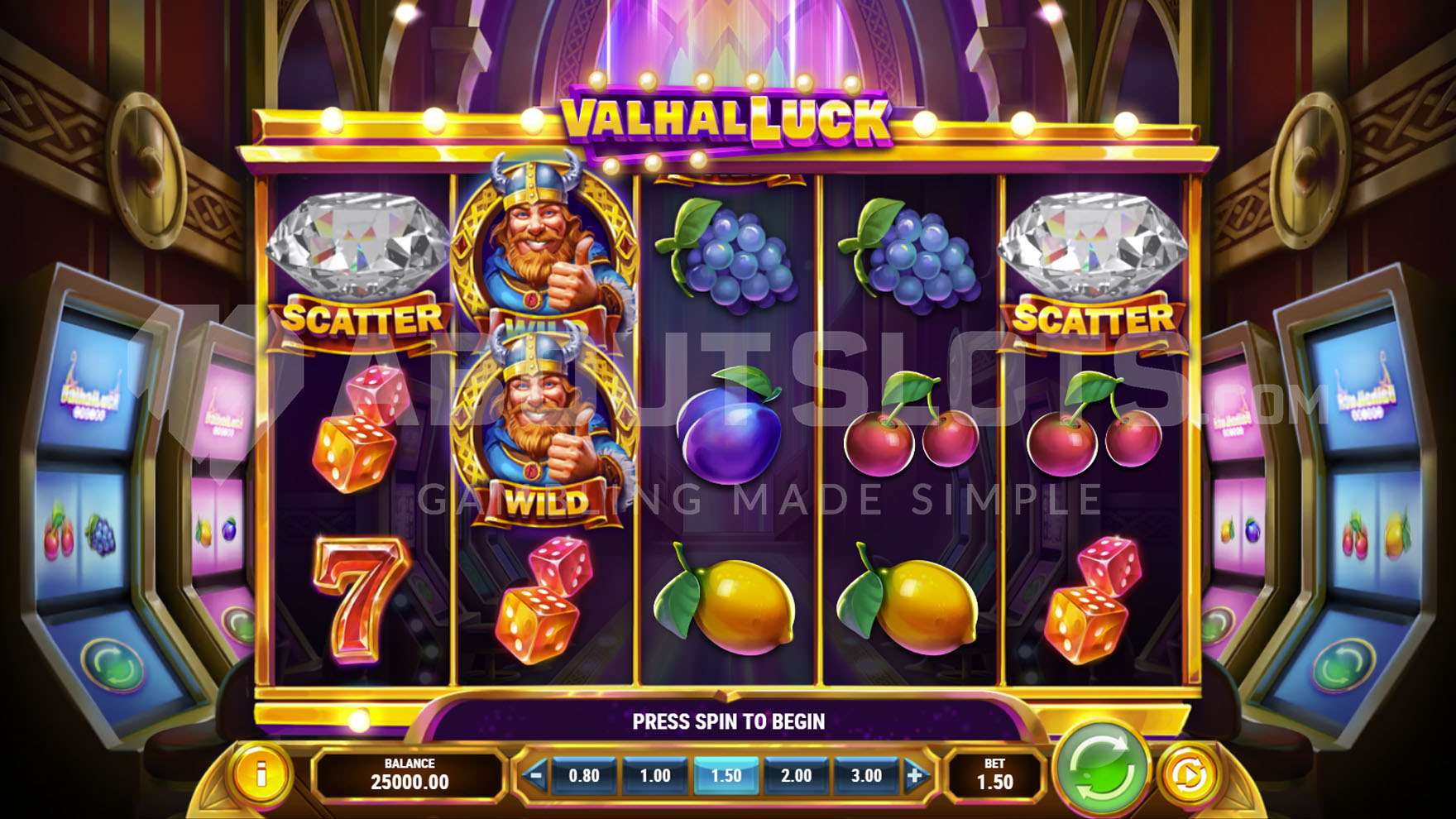 Grille 5x3 de ValhalLuck dans une salle de jeux nordique éclairée de néons et symboles fruits