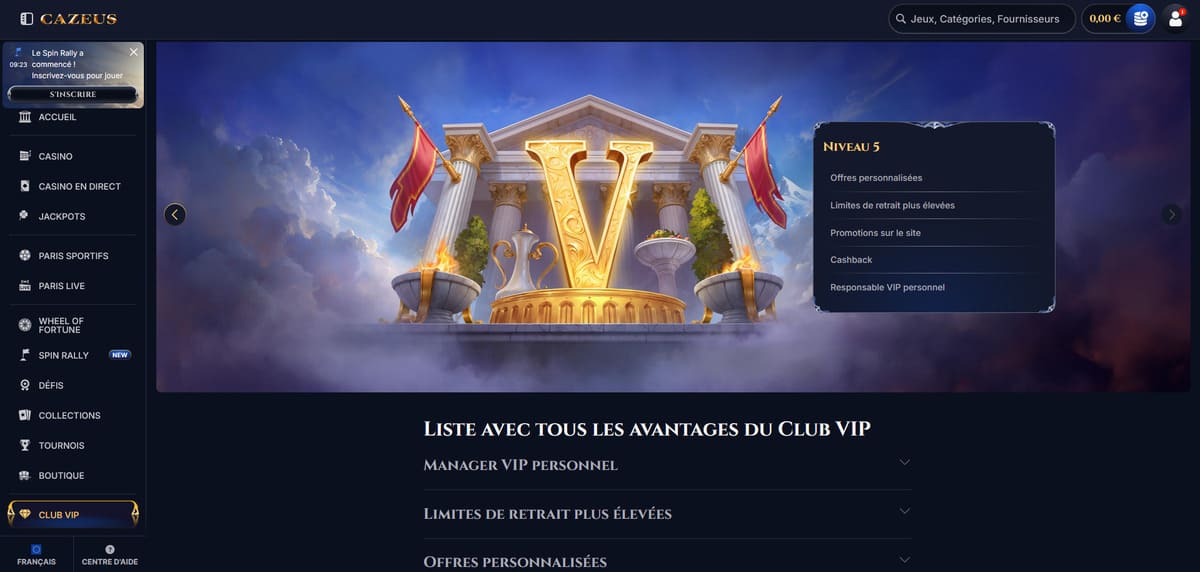 Page du programme VIP de Cazeus casino affichant les cinq paliers de fidélité