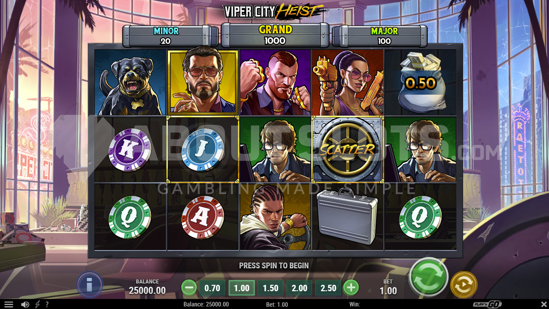 Grille 5x3 de Viper City Heist en jeu de base avec les symboles du gang visibles