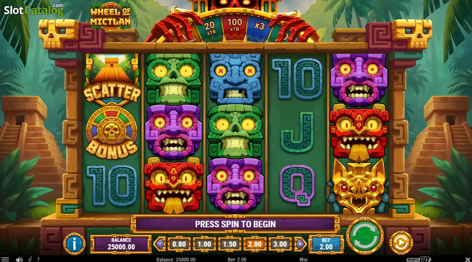 Grille 5x3 de Wheel of Mictlan avec la Bonus Wheel et le symbole Scatter Bonus visibles