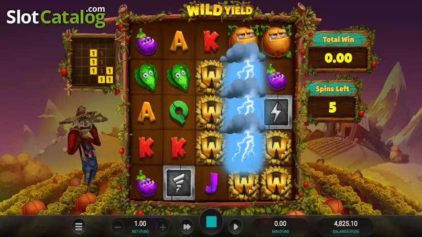 Écran free spins de Wild Yield avec la foudre qui transforme une colonne en wilds