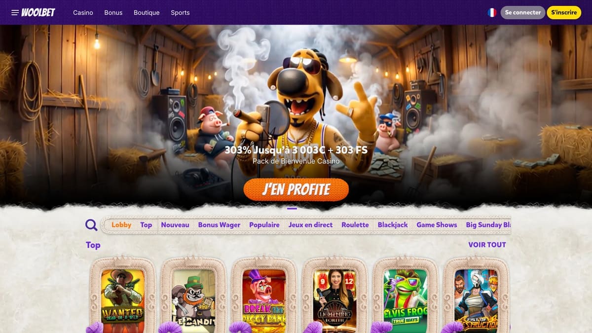 Interface du lobby de Woolbet avec la sélection de machines à sous en vedette