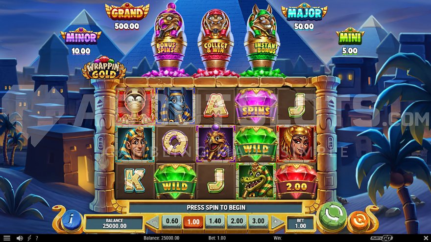 Grille 5x3 de Wrappin' Gold avec les Scatter Gems visibles sur les rouleaux en jeu de base